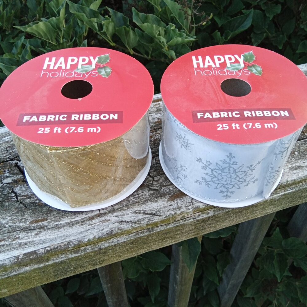 Happy Holidays Ribbon 2 25' Rolls Gold and White Glitter